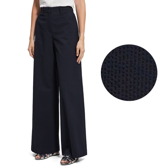 Theory Seersucker High Waist Wide Leg Trousers in Navy Blue Size 8